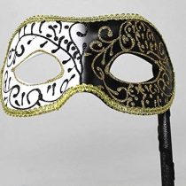 BLACK WHITE & GOLD VENETIAN MASQUERADE HALLOWEEN CARNIVAL PARTY EYE BALL MASK HAND HELD ON A STICK