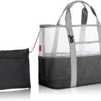 YOOFAN Beach Tote Bag- Mesh Wet Sports Gear Shoulder Bag Waterproof Duffle Shopping Handbag for Family Holiday Picnic Swimming Pool Kids Sand Toys Organiser Grocery Storage Bag, Grey
