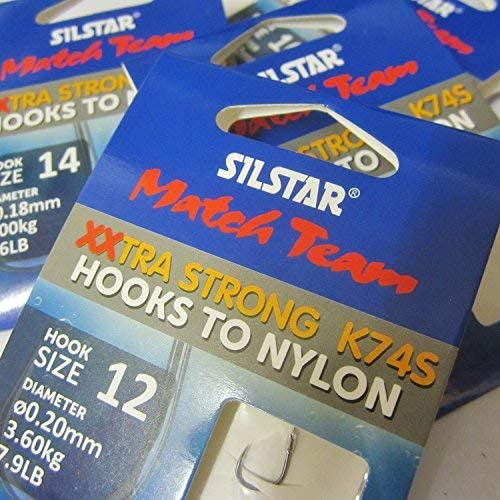 SILSTAR Match Team 24 (4 packs of 6) K74S, Extra Wide Gape XXTRA STRONG Barbless Fishing Hooks to Nylon, Available in size 10