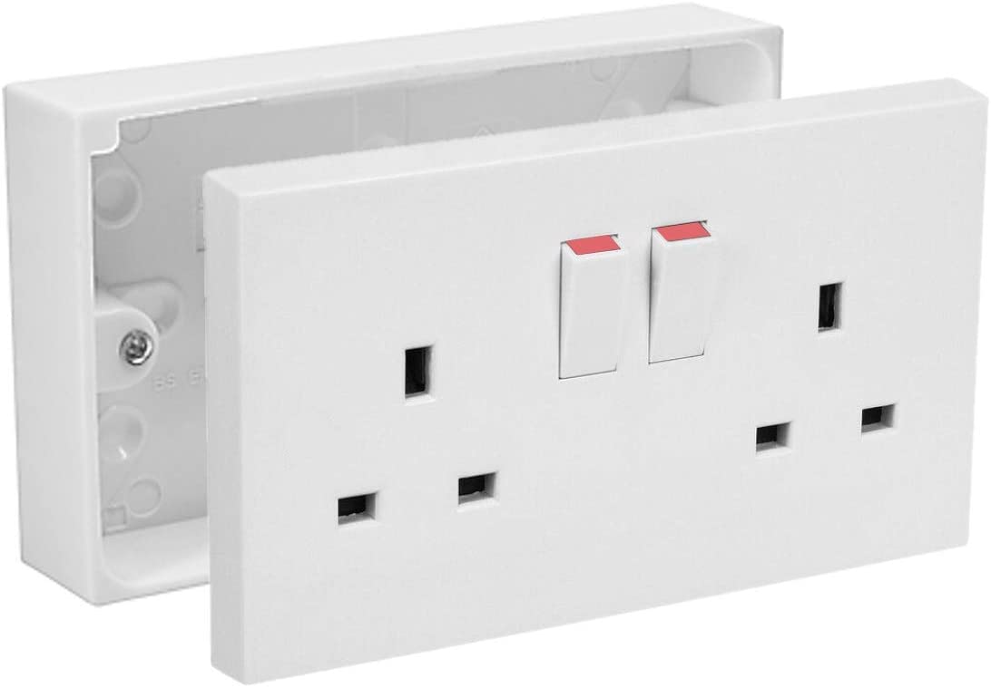 13A Double White Switched Socket & Double Surface Mount 25mm Pattress Box 2 Gang Set Electrical Outlets (1)