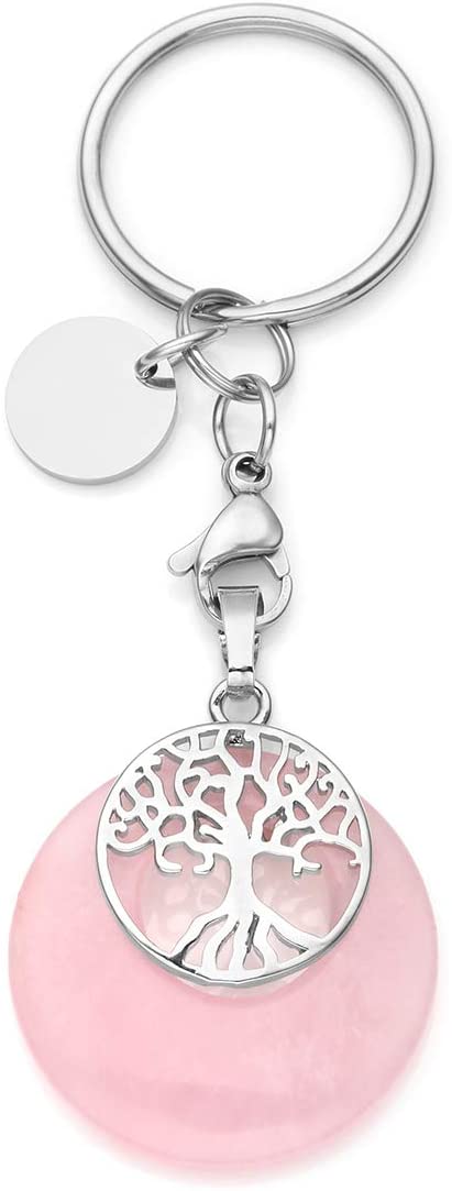 Jovivi Rose Quartz Healing Crystal Keyring Tree of life Gemstone Keychain Key Ring Gifts for Women Girls, 22mm