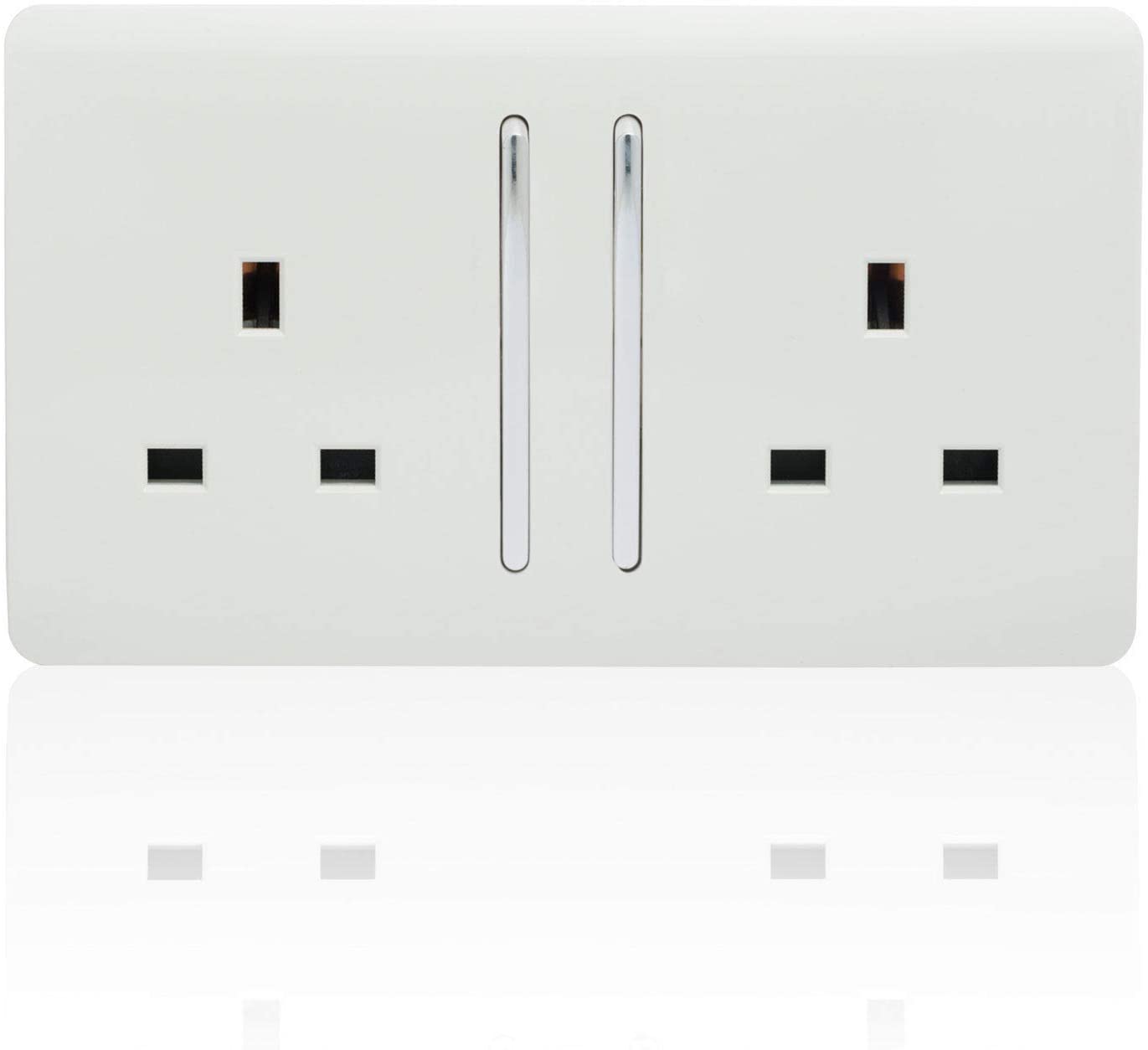 Trendi 2 Gang Raised Artistic Modern Glossy Screwless 13 Amp Single Pole with Chrome Switched UK Standard Electrical Double Wall Plug Socket in Ice White