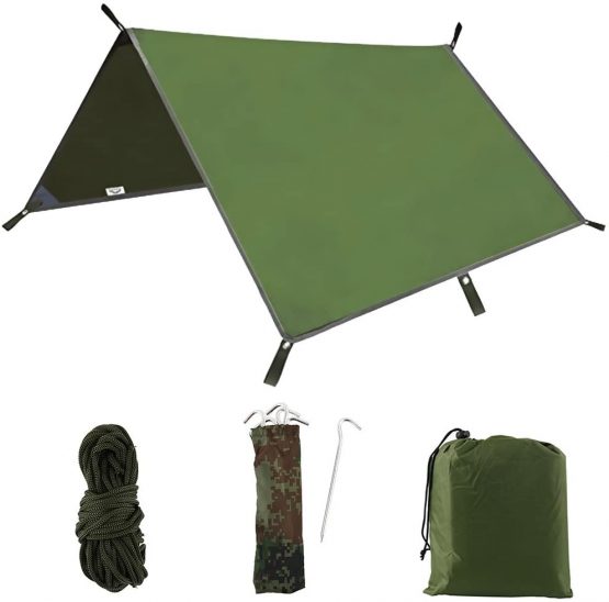 3m x 3m Hammock Rain Fly Tent Tarp Waterproof Windproof Snowproof Camping Shelter Portable Lightweight Basha Sunshade for Snow Camping Outdoor Travel (armygreen)