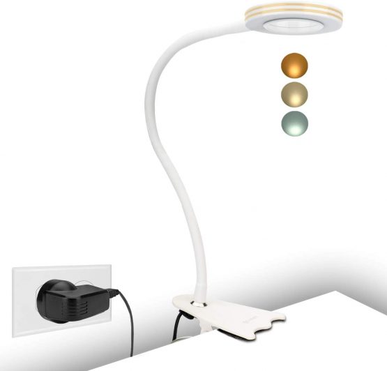 CeSunlight Clip Light, 8W Clamp Bed Lamp, Bedside Led Reading Lamp for Headboard, Warm, Daylight and White Light 3 Colors, Eye Care 10 Dimmable Illumination Modes (White)