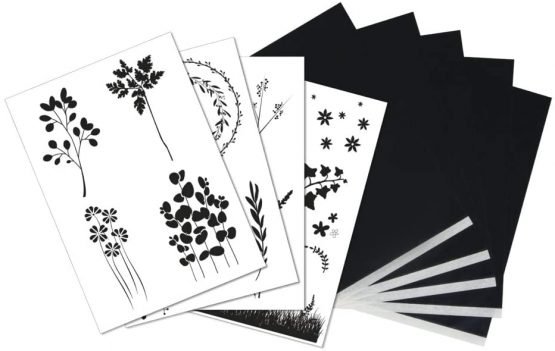 Rayher 67290000 Templates and Transfer Paper for Wood Burning, Card Making and Fabric Painting, Carbon Paper for Crafts, A4, Design Line Plants
