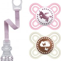 MAM Perfect Start Dental Dummy mini X-Small 0-2 months, pack of 2 for Girls & Nip Soother Band