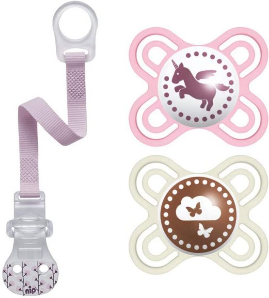 MAM Perfect Start Dental Dummy mini X-Small 0-2 months, pack of 2 for Girls & Nip Soother Band