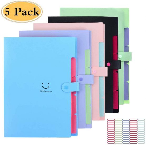 5 Pack Expanding File Folders Accordion Document Organizer, Letter A4 Paper Placstic File Folder 5 Pocket Expandable File Jackets for School Office Home