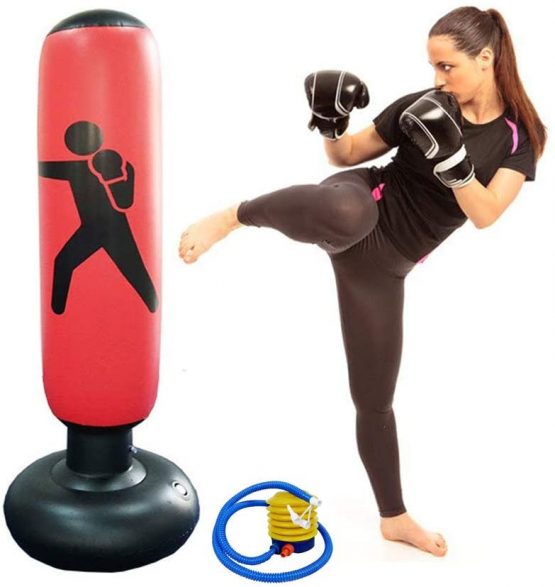Himifuture 160cm Punch Bag, Inflatable Free-Standing Fitness Target Stand Tower Bag, Free Standing Tumbler Column Sandbag with a Free Foot Air Pump, Wine Red