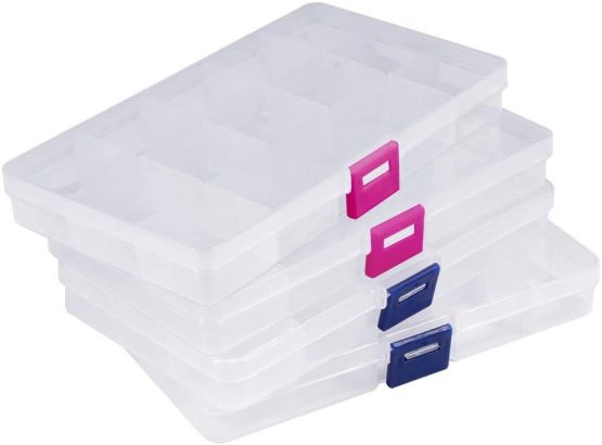 Opret Jewellery Organiser(4 Pack), 15 Grids Small Plastic Storage Box Jewellery Box with Adjustable Dividers Earring Storage Containers, Size 17×9.5×2cm