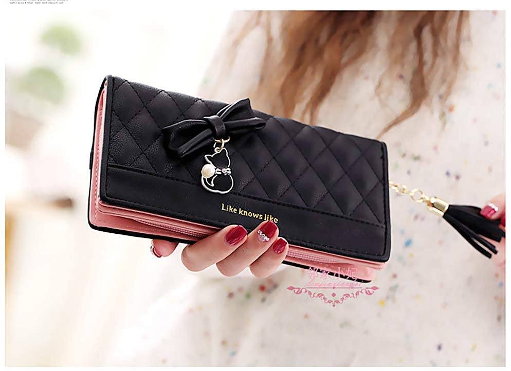 UTO Ladies Purse Card Wallet for Women Cat Pendant Bow Tassel PU Leather Black, Cat Long Black - Image 2