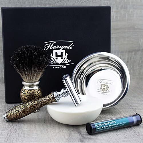 Haryali London Mens Shaving Kit, 5pc Shaving Brush Set, Gold Antique, Grooming Set, Badger Hair Shaving Brush