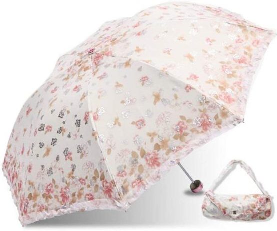 Folding Travel Sun Umbrella Lady's Parasol Sunblock UV Protection UPF 50+ Compact Size with Black Underside(Orange) - Image 2