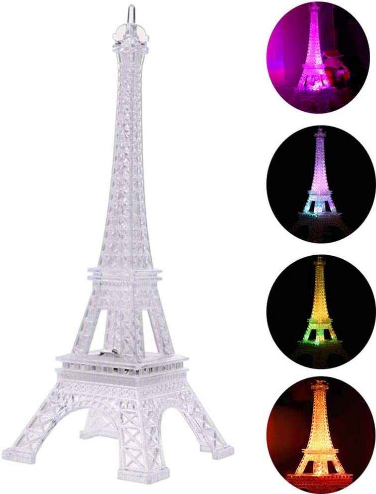 Colorful Eiffel Tower Night Light,7 Colors LED Lamp Paris Fashion Style Acrylic Decoration,5 inch, White