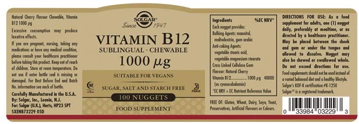 Solgar Vitamin B12 Sublingual Chewable Nuggets - Food Supplement, Pack of 100 - Supports Energy Metabolism - Vegan - Image 2