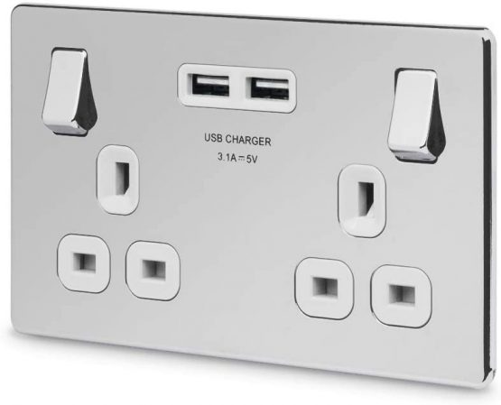 BG Electrical FPC22U3W Screwless Flat Plate Double Switched Fast Charging Power Socket with Two USB Charging Ports, 13 A, Polished Chrome with White Inserts, 16.3 cm*18.0 cm*3.1 cm - Image 3