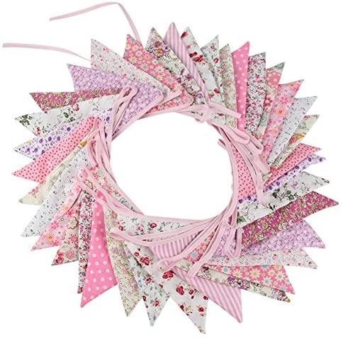 G2PLUS 36PCS Double Sided Fabric Bunting, 10M Pink Floral Cotton Banner