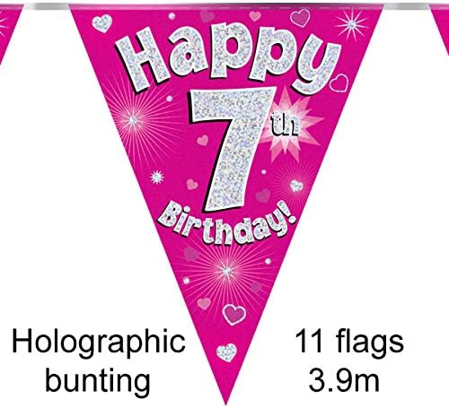 Party Bunting Happy 7th Birthday Pink Holographic 11 flags 3.9m