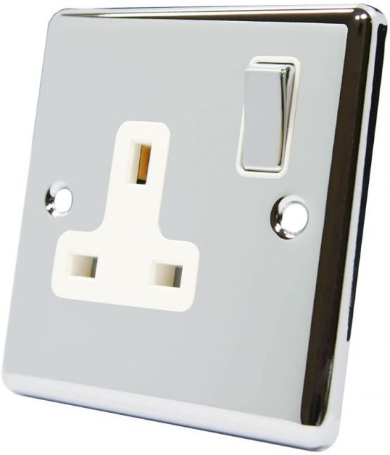 AET CPC1GSOCWC Polished Chrome Classical 1 Gang White Insert Metal Rocker Switch-13 Amp Single Plug Socket, 240 V