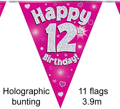 Party Bunting Happy 12th Birthday Pink Holographic 11 flags 3.9m