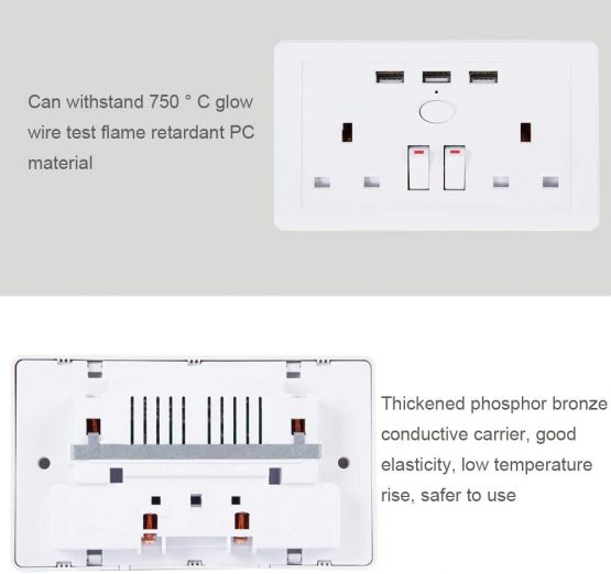 Electric Wall Socket Outlet Charger 2 Gang 13A with 3 x USB Charger Ports Power Double Pole Switched Socket - Image 2