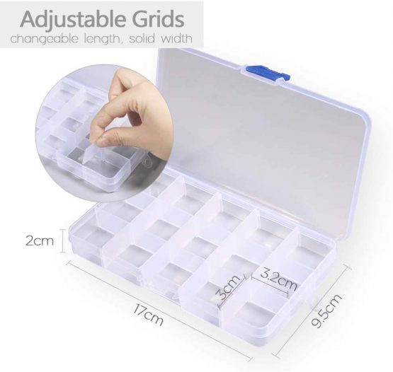 Opret Jewellery Organiser(4 Pack), 15 Grids Small Plastic Storage Box Jewellery Box with Adjustable Dividers Earring Storage Containers, Size 17×9.5×2cm - Image 3
