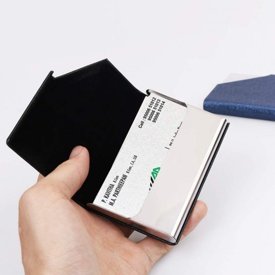 homEdge Business Card Holder, Slim Professional 2 Packs PU Leather+Stainless Steel Business Card Case for Traveling and Business-Black and Blue - Image 3