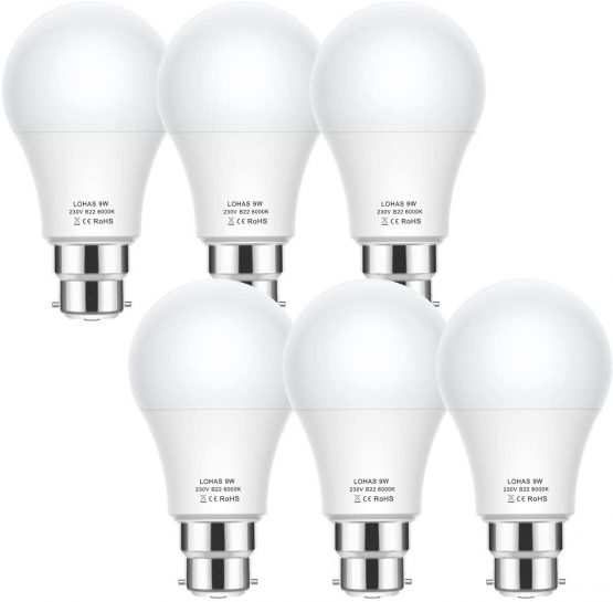 B22 LED Bulb Bayonet, 9W LED LOHAS Bayonet Light Bulb, 820LM, 60W Equivalent, Daylight White 6000K, Non Dimmable, Pack of 6