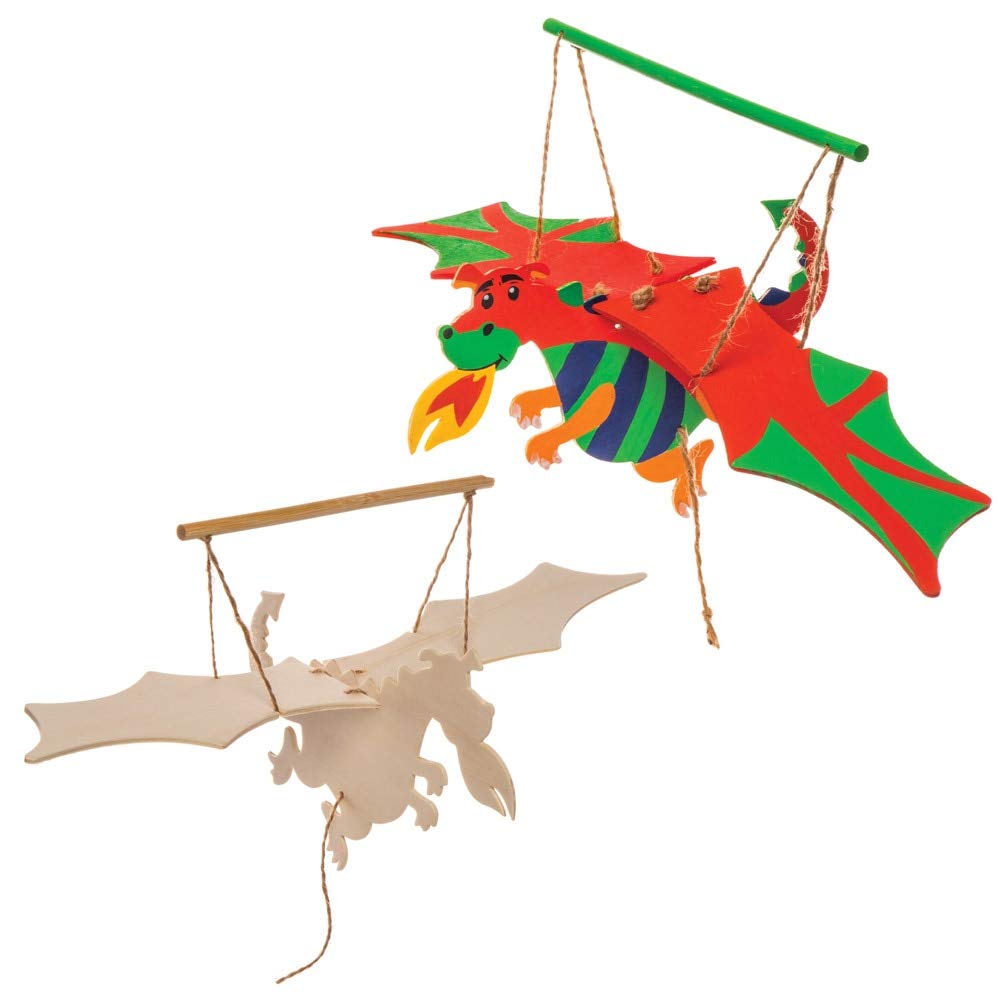 Baker Ross AW568 Dragon Wood Craft Puppets (Pack of 3) Moving Puppet with Movable Wings, Arms & Legs for Kids To Create Assorted