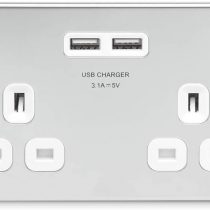 BG Electrical FPC22U3W Screwless Flat Plate Double Switched Fast Charging Power Socket with Two USB Charging Ports, 13 A, Polished Chrome with White Inserts, 16.3 cm*18.0 cm*3.1 cm