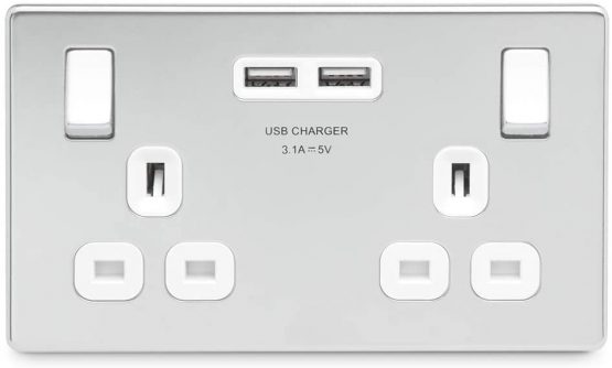 BG Electrical FPC22U3W Screwless Flat Plate Double Switched Fast Charging Power Socket with Two USB Charging Ports, 13 A, Polished Chrome with White Inserts, 16.3 cm*18.0 cm*3.1 cm