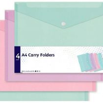 4 Assorted Pastel Colour A4 Document Stud Wallets Plastic Carry Popper Folder Pink Aqua