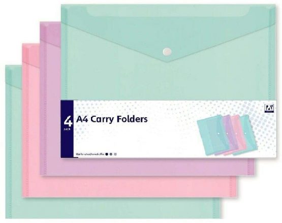 4 Assorted Pastel Colour A4 Document Stud Wallets Plastic Carry Popper Folder Pink Aqua