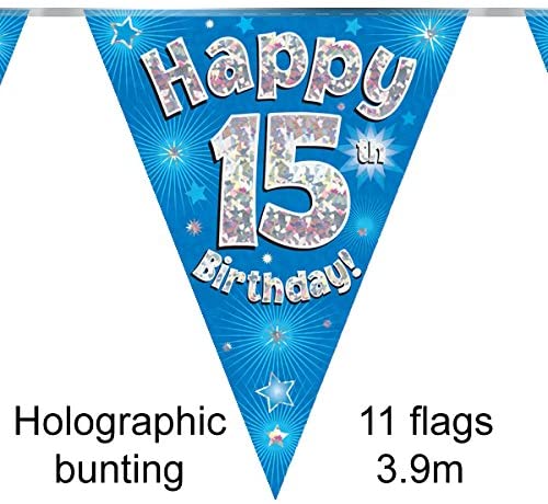 Party Bunting Happy 15th Birthday Blue Holographic 11 flags 3.9m, 10cm x 6cm