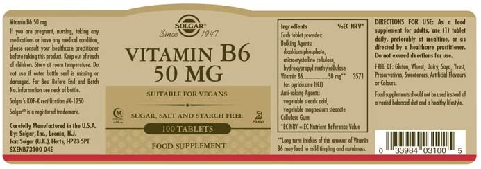 Solgar Vitamin B6 50 mg Tablets, Pack of 100, Metabolism and Immune Support, Balanced Hormones and Red Blood Cell Formation - Image 2
