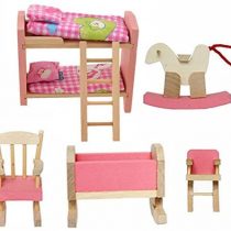Cisixin Pink Wooden Dolls Toy Furniture Bedroom Pretend Play Toy miniature bedroom set