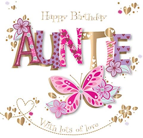Talking Pictures Auntie Birthday Card (LDMWE30108/ZA) - Handmade Embellished Pink Butterfly Greeting Card by Ling Designs