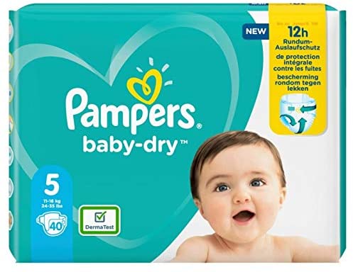 Pampers Nappies Size 5 (11-16 kg) - Baby-Dry, 40 Nappies, Up to 12 Hours Protection, White, Size 5 (40 Count)