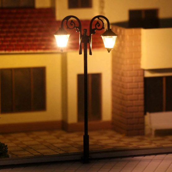 LYM61 5pcs Model Train HO Scale Lamp Post LEDs 1:87 Street Lights 65mm Miniature Double Heads Warm White - Image 2