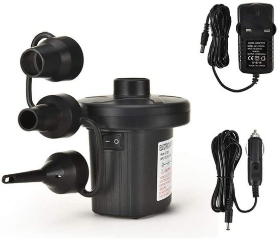 Electric Pump for Inflatables Electric Air Pump, 240V AC/12V DC (Home/Car), 3 Nozzles, Quick Inflate/Deflate, for Air Mattress Air Bed Swimming Ring Inflatable Boat Sofa