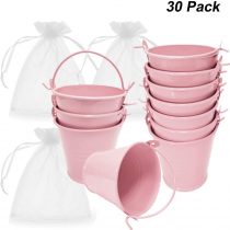 Amajoy 30 Pack Pink Mini Metal Bucket Tin with Sheer Bag Candy Box Buckets Souvenirs Gift Pails for Wedding Favour Party Favor Baby Shower Favour