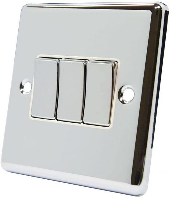 AET CPC3GSWIWC Polished Chrome Classical White Insert Metal Rocker Switch-10 Amp Triple 3 Gang 2 Way Light Switch
