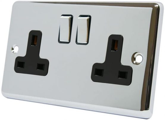AET CPC2GSOCBC Polished Chrome Classical 2 Gang Black Insert Metal Rocker Switches-13 Amp Double Plug Socket