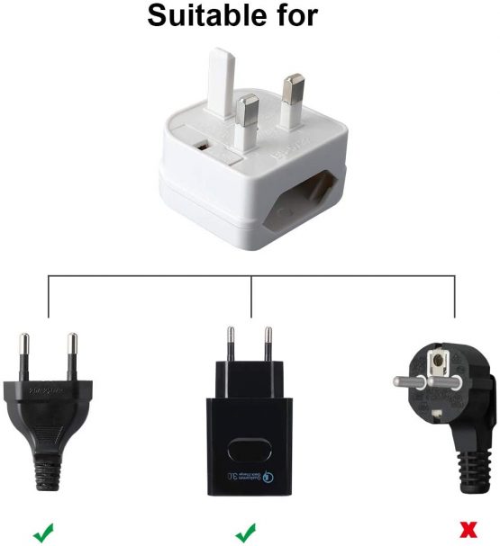 European to UK Plug Adaptor,AIEVE 2 Pin EU to UK 3 Pin Adapter Plug, EU to UK Plug Converter Travel Adapter,Euro Plug Adaptor UK Socket Adapter (3-Pack,White) - Image 4