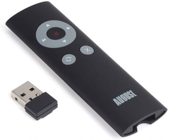 Wireless PowerPoint Clicker - August LP200 - Presenter with Shortcut Keys and Pointer - Remote Control Range: 15m - Presentation Skills eBook Included Black