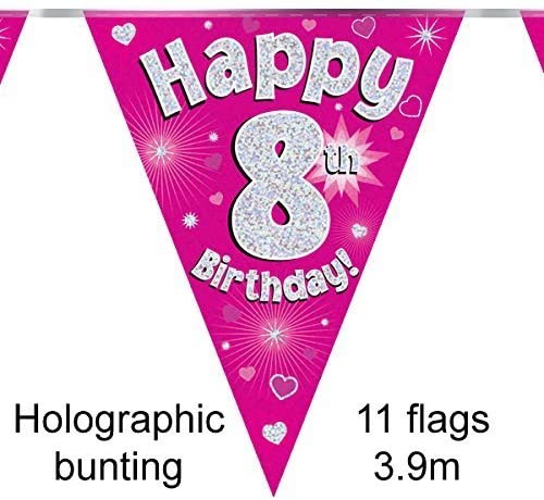 Party Bunting Happy 8th Birthday Pink Holographic 11 flags 3.9m