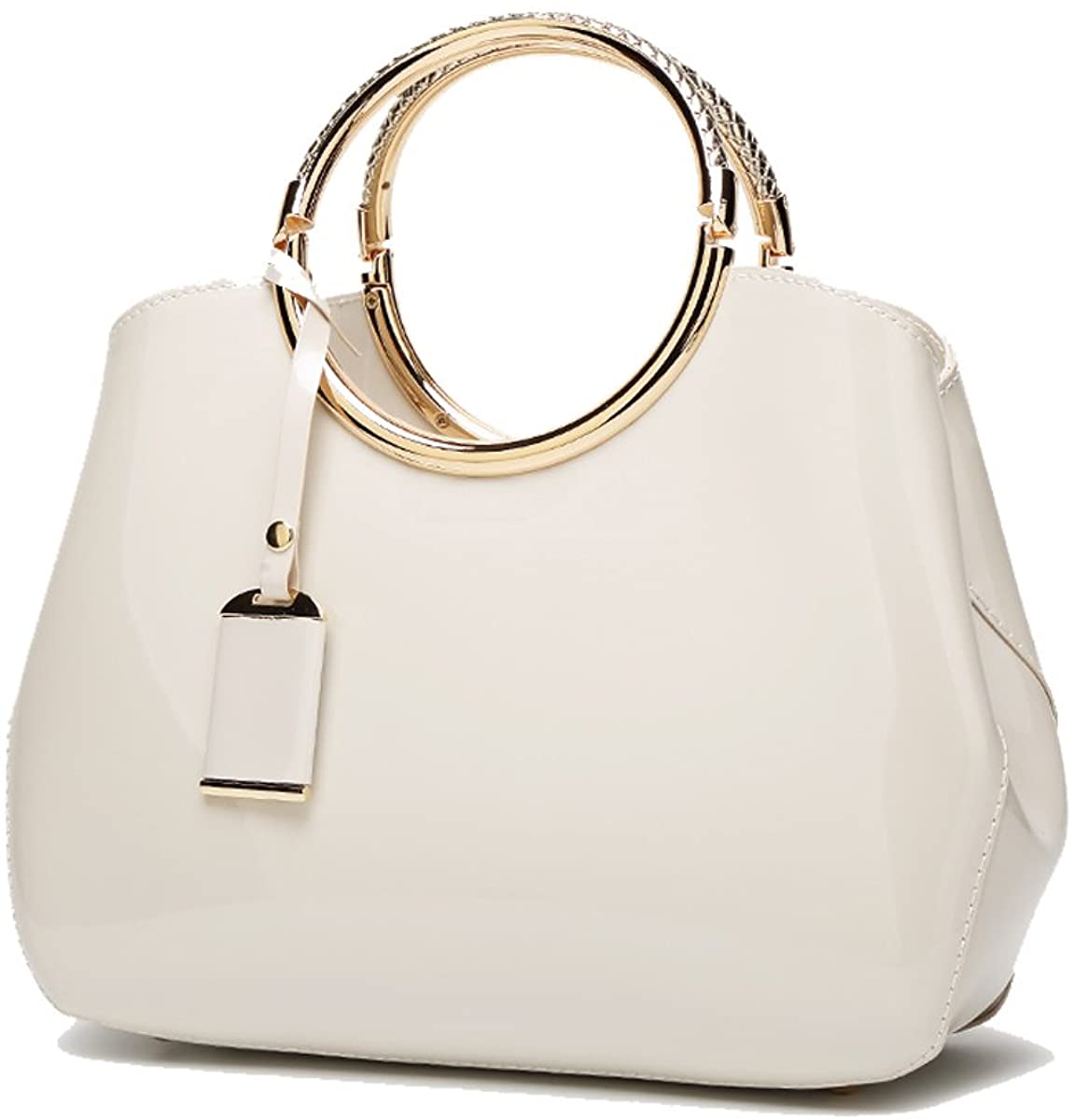Coolives Womens Ring Handle PU Patent Leather Handbag Creamy white