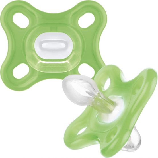 MAM Comfort All-Silicone Soothers 0 Months+ (Pack of 2), Soft and Light Newborn Soother, Premature and Newborn Essentials, with Self Sterilising Travel Case, Green