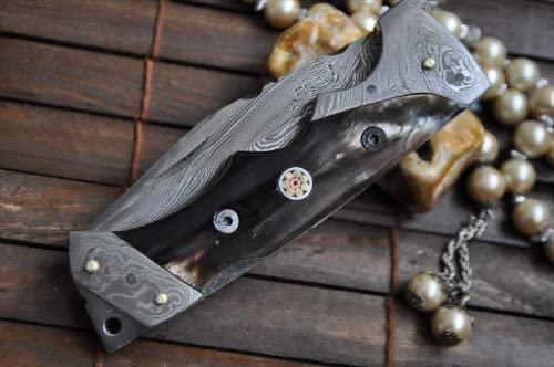 Perkin Custom made All Damascus Pocket Knife Horn handle, Silver