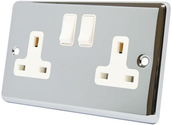 AET CPC2GSOCWH Polished Chrome Classical 2 Gang White Insert Plastic Rocker Switches-13 Amp Double Plug Socket